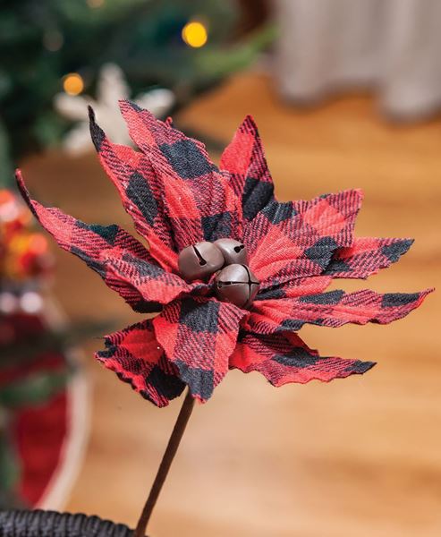 Picture of Buffalo Check Jingle Bell Poinsettia Stem 7”