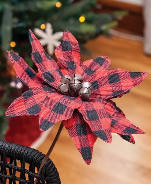 Picture of Buffalo Check Jingle Bell Poinsettia Stem 9.5”