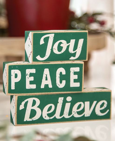 Picture of Plaid Joy Peace Believe Wooden Blocks, 3/Set