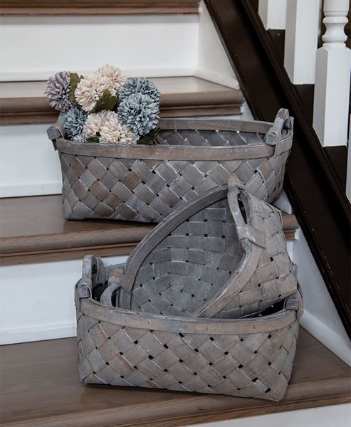 Picture of Greywashed Oval Baskets w/Wooden Handles, 3/Set